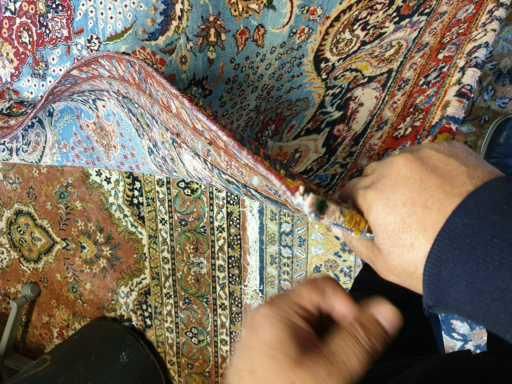 Eine Person reinigt einen Teppich mit einer Bürste.