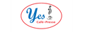 Logo Oui Café-Presse avec texte bleu, contour ovale rouge et icône de tasse à café