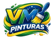Logotipo de VM Pinturas con letras amarillas, verdes y azules y un trazo en forma de pincel
