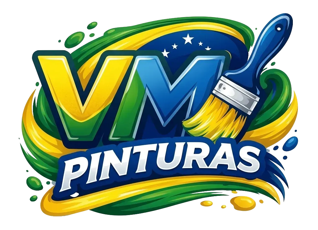 Logotipo de VM Pinturas con letras amarillas, verdes y azules y un trazo en forma de pincel