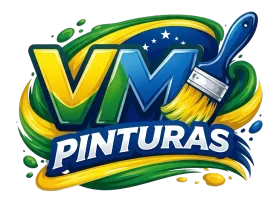 Logotipo de VM Pinturas con letras amarillas, verdes y azules y un trazo en forma de pincel