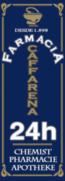 Un cartel azul que dice farmacia caffe arena 24h