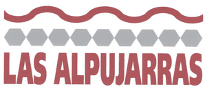 Logotipo con el texto «LAS ALPUJARRAS» en rojo, una banda de hexágonos grises y una línea ondulada roja encima