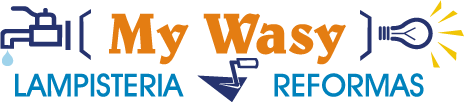 Logotipo de "My Wasy", empresa de plomería y remodelación. Incluye un grifo, una perilla, una bombilla y texto en naranja y azul.