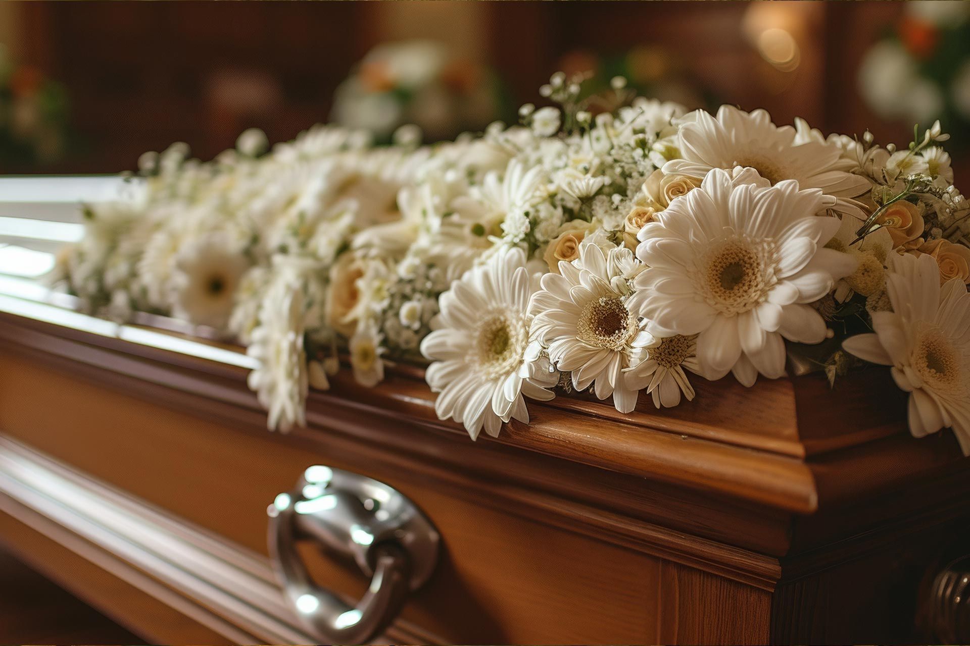 Ein Holzsarg geschmückt mit weißen Blumen