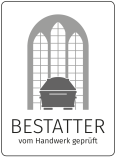 Ein schwarz-weißes Logo für einen Bestattungsunternehmer mit einem Sarg in einer Kirche.