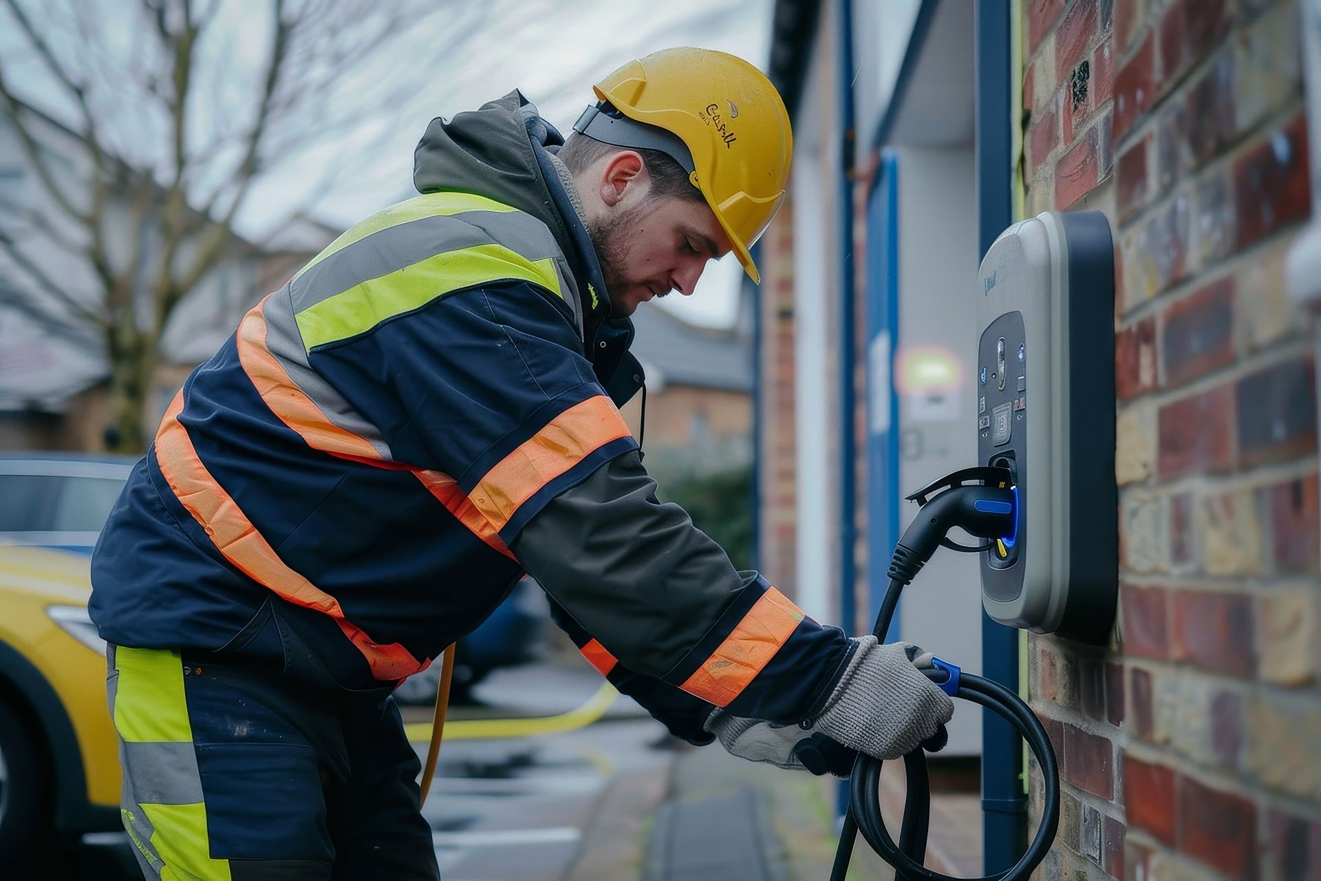 Technicien qui intervient sur une borne de recharge électrique