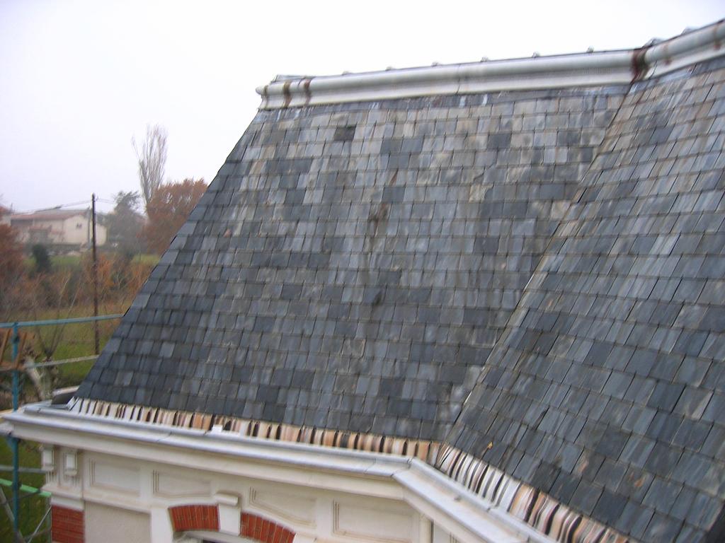 Morceau de toit en ardoise à nettoyer