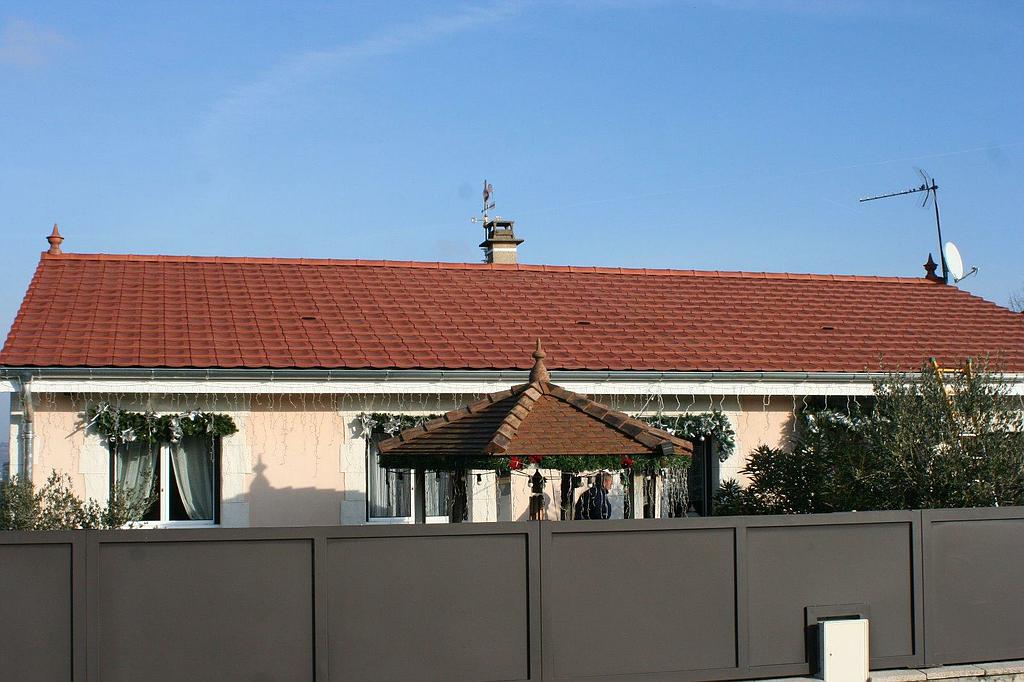 Maison avec un toit en tuile dans son jardin