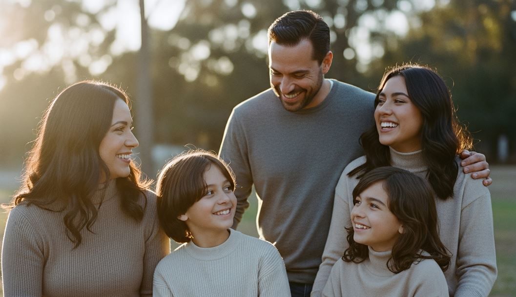 Familia de seis personas sonriendo, abrazándose al aire libre bajo la luz del sol.