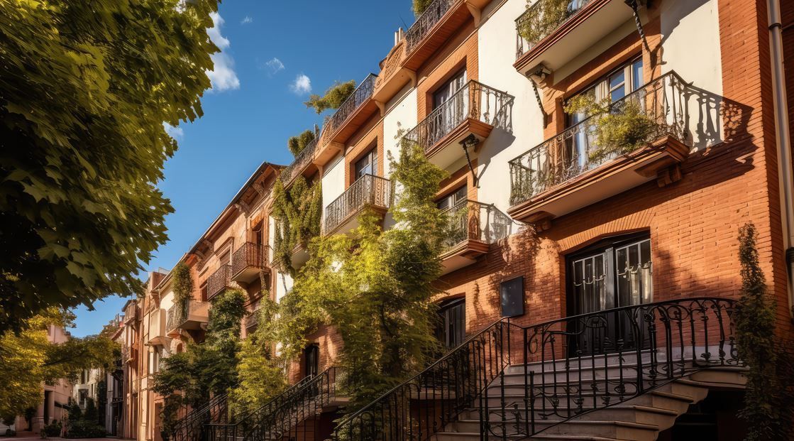 Hilera de edificios de ladrillo con balcones, árboles y cielo azul.