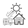 Un icono en blanco y negro de una casa con un ventilador y un sol.