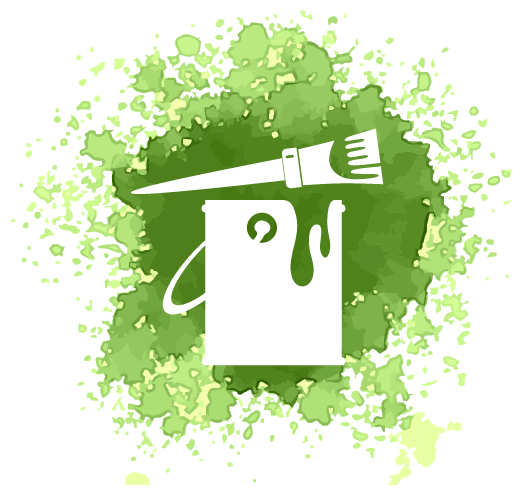 Icon Malerpinsel und Farbeimer mit Farbklecks im Hintergrund