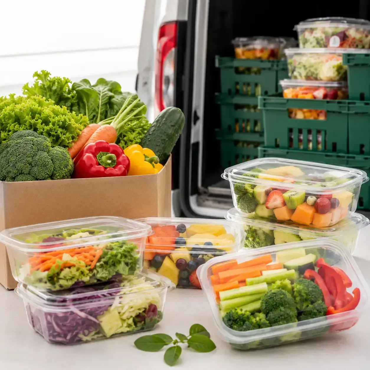 Verduras frescas, recipientes para ensalada y una caja de la compra dispuestos junto al maletero abierto de un coche.