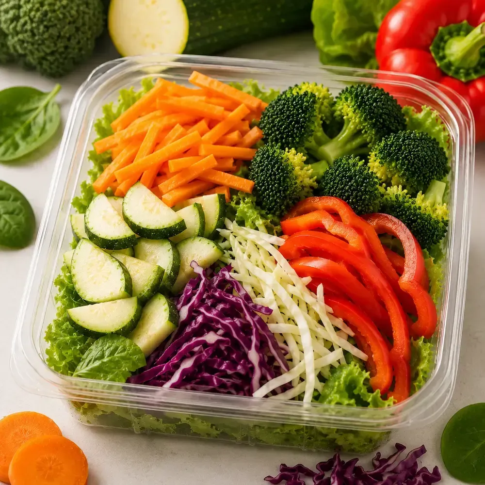 Variedad de verduras cortadas en rodajas, dispuestas en un recipiente: zanahorias, calabacines, brócoli, pimientos y repollo.