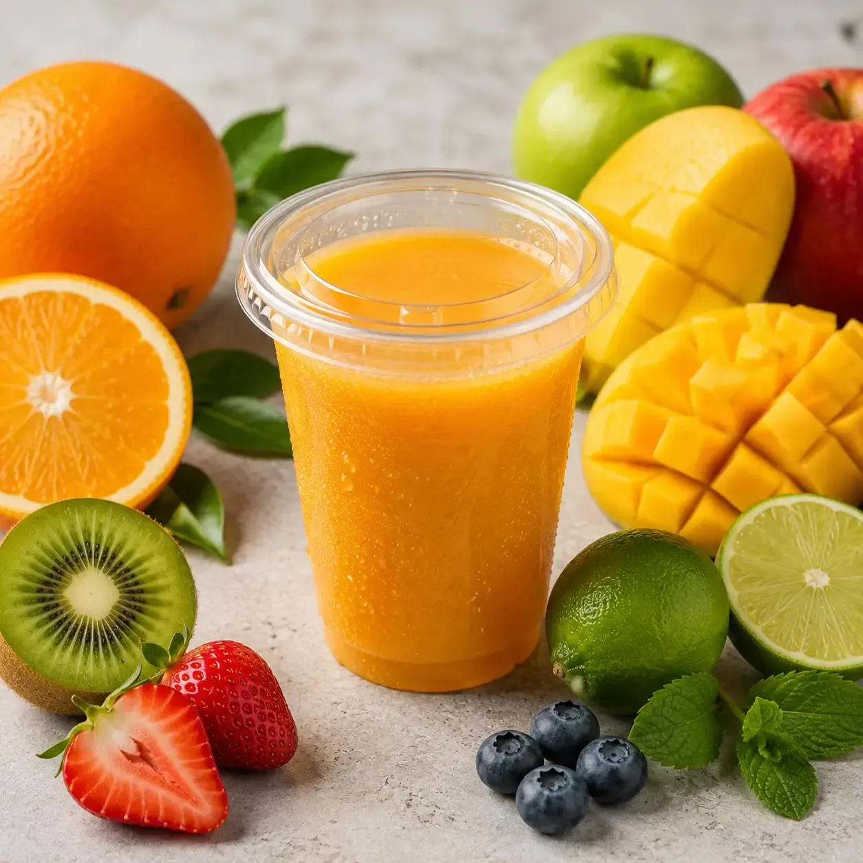 Batido de frutas en un vaso rodeado de naranjas, kiwi, fresas, arándanos, manzanas y limas.
