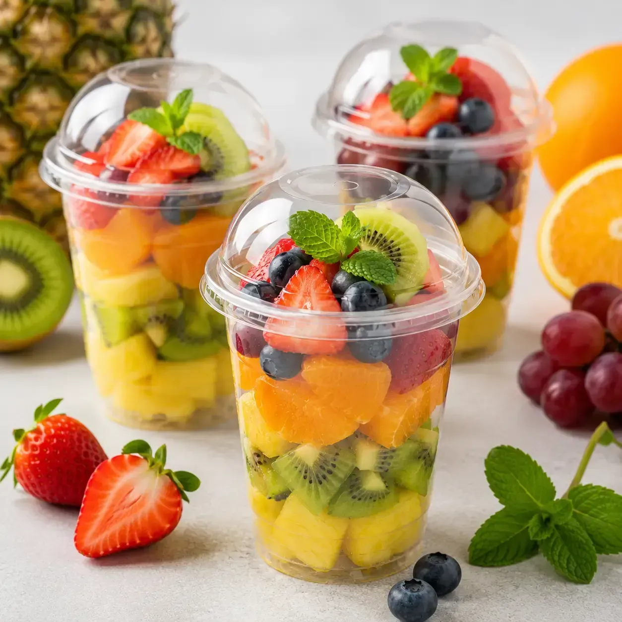 Vasitos de fruta con fresas, kiwi, naranjas, arándanos y menta sobre un fondo blanco brillante.