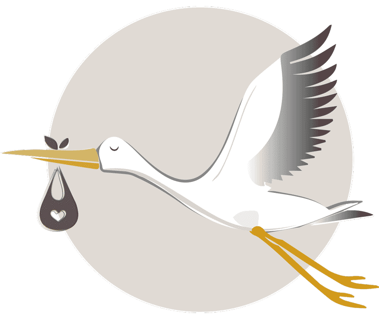 Ein Storch fliegt mit einem Babybündel; die Illustration verwendet Beige-, Gold-, Grau- und Weißtöne.