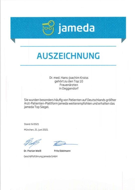 Jameda award certificate with blue header and “AUSZEICHNUNG” text