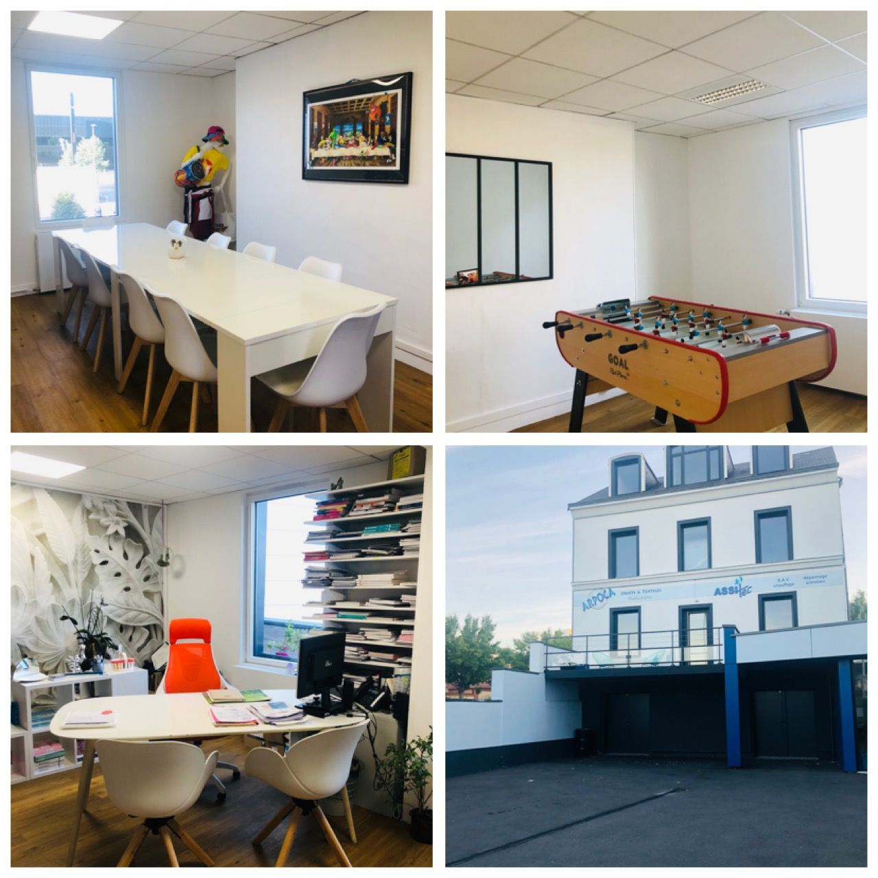 4 parties d'une entreprise : extérieur, salle de réunion, salle de détente et bureau