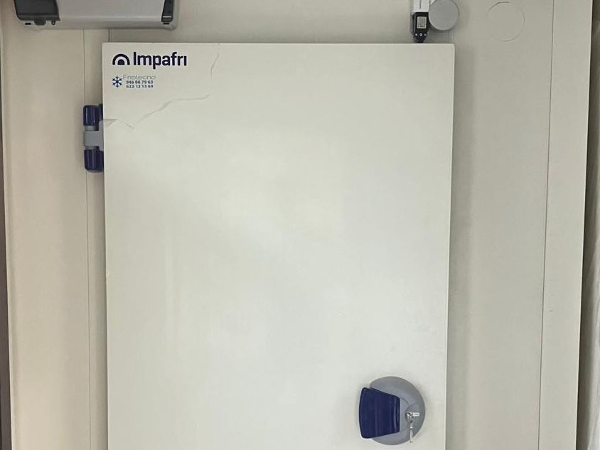 Una puerta blanca con una manija azul está colgada en una pared.