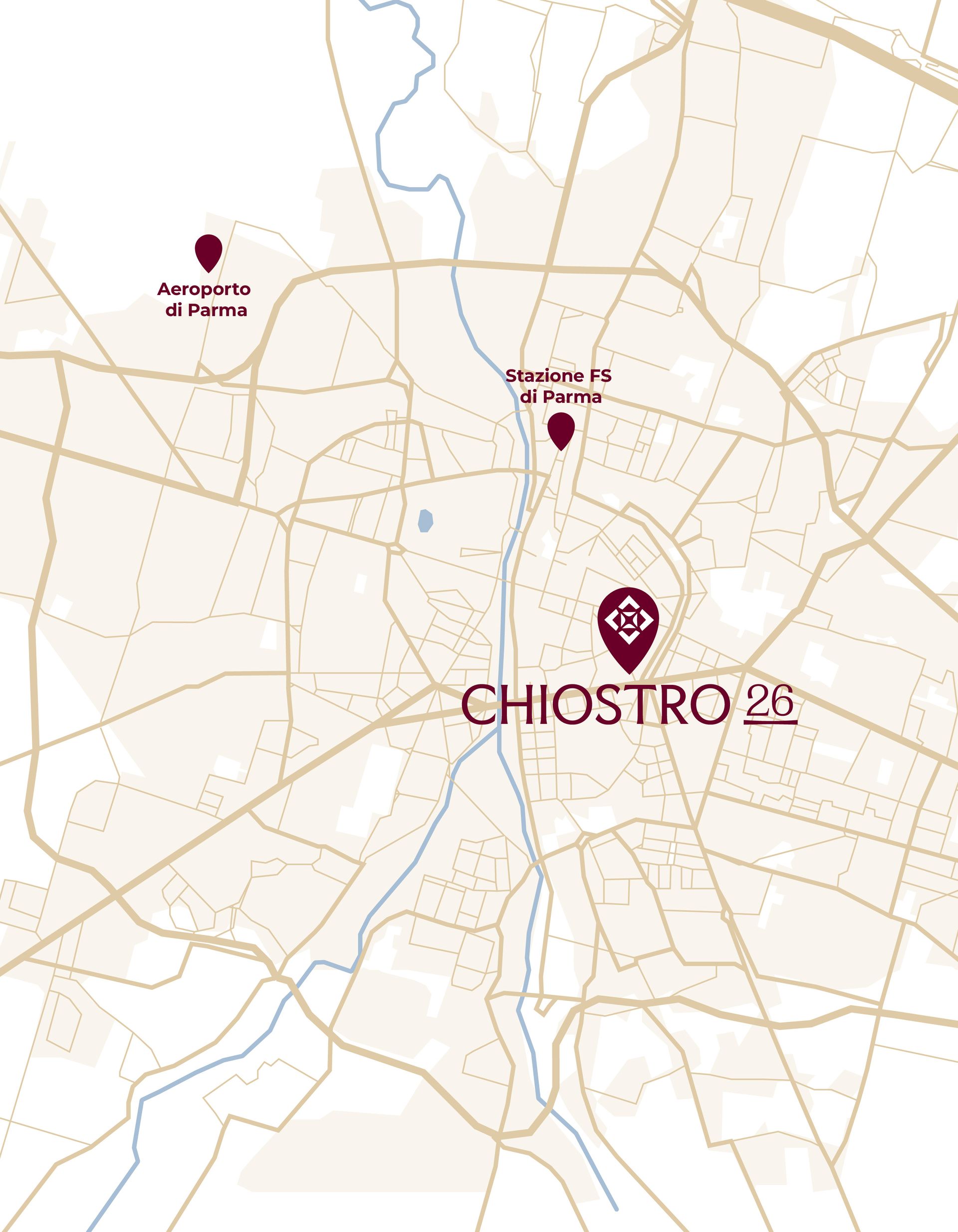 Mappa stilizzata di Parma con la posizione di Chiostro 26 nel centro storico, la Stazione FS di Parma poco più a nord e l'Aeroporto di Parma a nord-ovest.