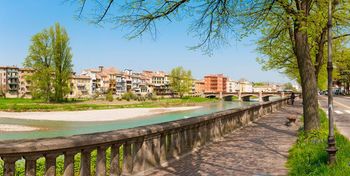 Il torrente Parma con le case colorate dell'Oltretorrente e un ponte sullo sfondo, visti dal lungofiume alberato.