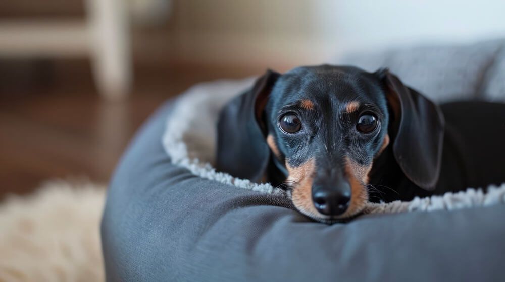 Bassotto nero accucciato in una cuccia morbida grigia, con lo sguardo rivolto verso l'obiettivo.