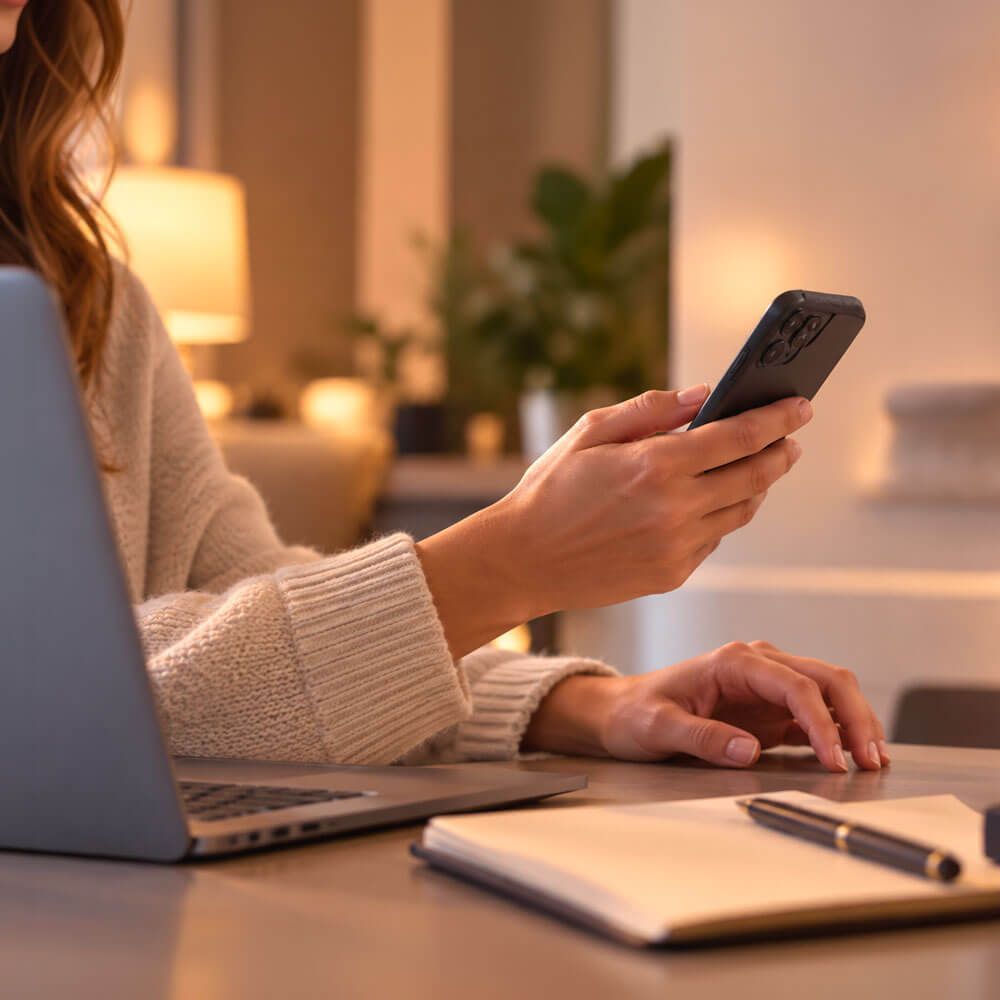 Donna seduta a una scrivania che usa lo smartphone davanti a un computer portatile, in un ambiente caldo e accogliente.