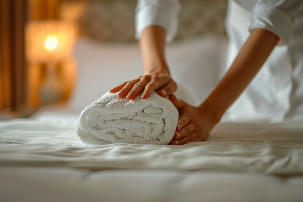 Mani che sistemano un asciugamano bianco su un letto rifatto.