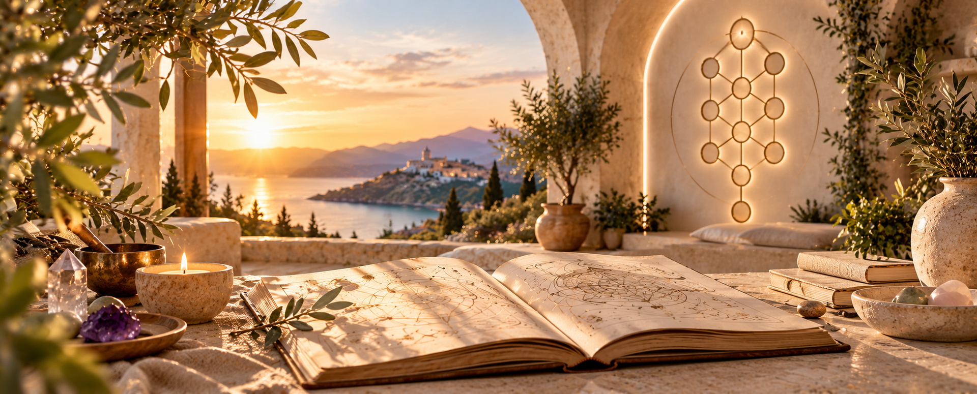 Un libro abierto junto a una ventana iluminada por velas al atardecer, con un diagrama de chakras resplandeciente