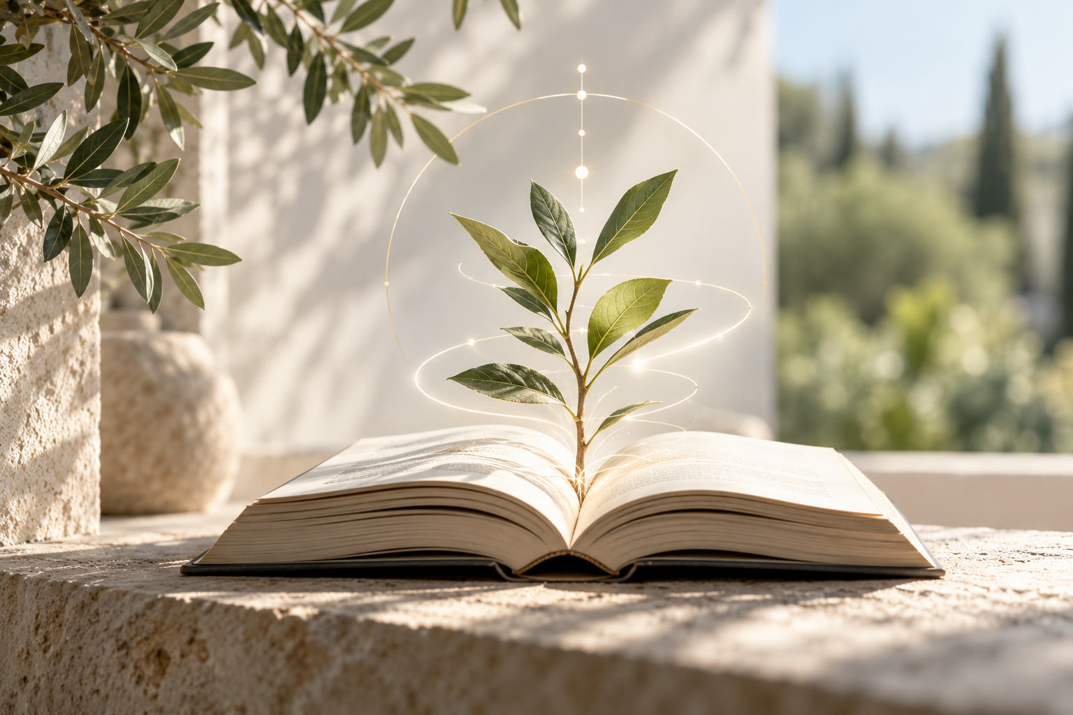 Un libro abierto sobre una mesa iluminada por el sol, con una pequeña planta verde creciendo entre sus páginas