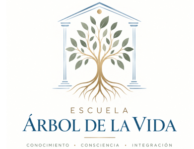 Logotipo con un árbol estilizado y columnas azules sobre «Escuela Árbol de la Vida» en azul y dorado.