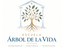 Logotipo con un &aacute;rbol estilizado y columnas azules sobre &laquo;Escuela &Aacute;rbol de la Vida&raquo; en azul y dorado.