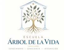 Logotipo con un &aacute;rbol estilizado y columnas azules sobre &laquo;Escuela &Aacute;rbol de la Vida&raquo; en azul y dorado.