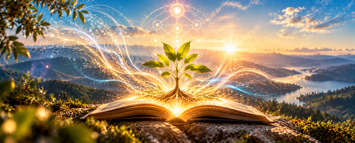 Páginas de libro resplandecientes con un plantón, luz solar y destellos sobre un amanecer en la montaña