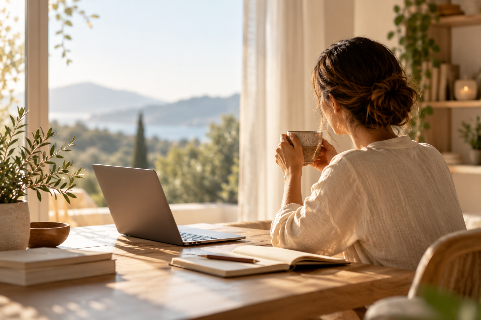 Persona trabajando con un portátil en un escritorio bañado por el sol, con café, cuadernos y vistas a las montañas.