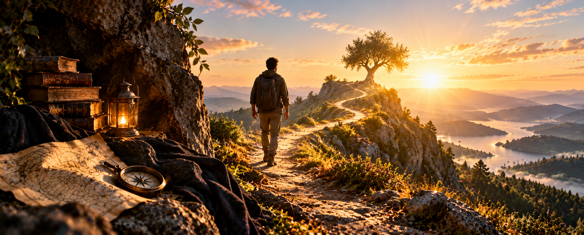 Un excursionista en un sendero de montaña al amanecer, contemplando un valle cubierto de niebla
