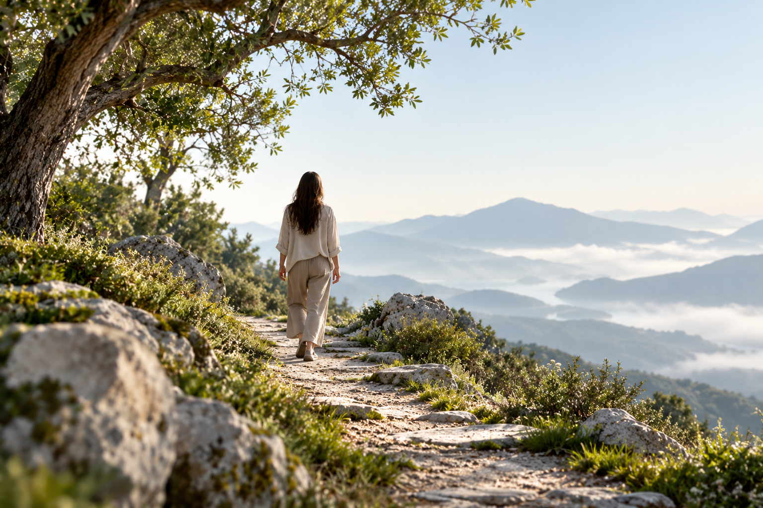 Una persona recorre un sendero rocoso bajo un árbol, contemplando las montañas cubiertas de niebla al amanecer