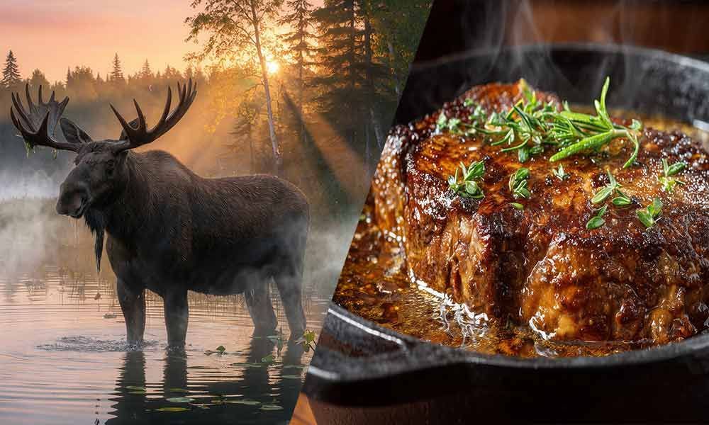 Ein Elch steht im nebligen Wasser bei Sonnenaufgang neben einem angerichteten Steak-Dinner mit Kräutern.