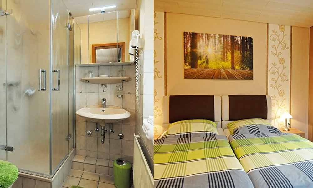 Gemütliches Schlafzimmer mit karierter Tagesdecke neben einer Glasdusche und einem Waschbeckenbereich