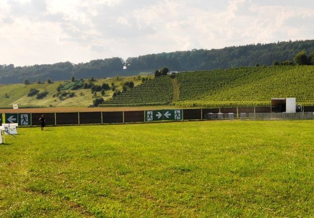 Rasenbewachsener Sportplatz mit langem Zaun und terrassenförmigem, grünem Hang unter bewölktem Himmel