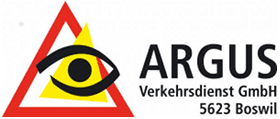 Logo der ARGUS Verkehrsdienst GmbH mit rot-gelbem Dreieck und schwarzem Augensymbol, Boswil