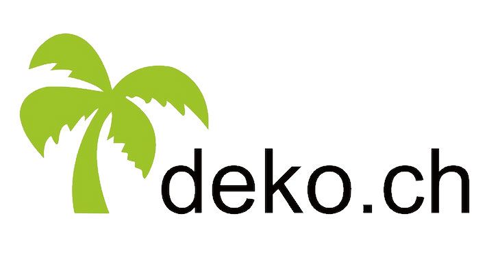 Logo mit grüner Palme und schwarzem Text „deko ch“
