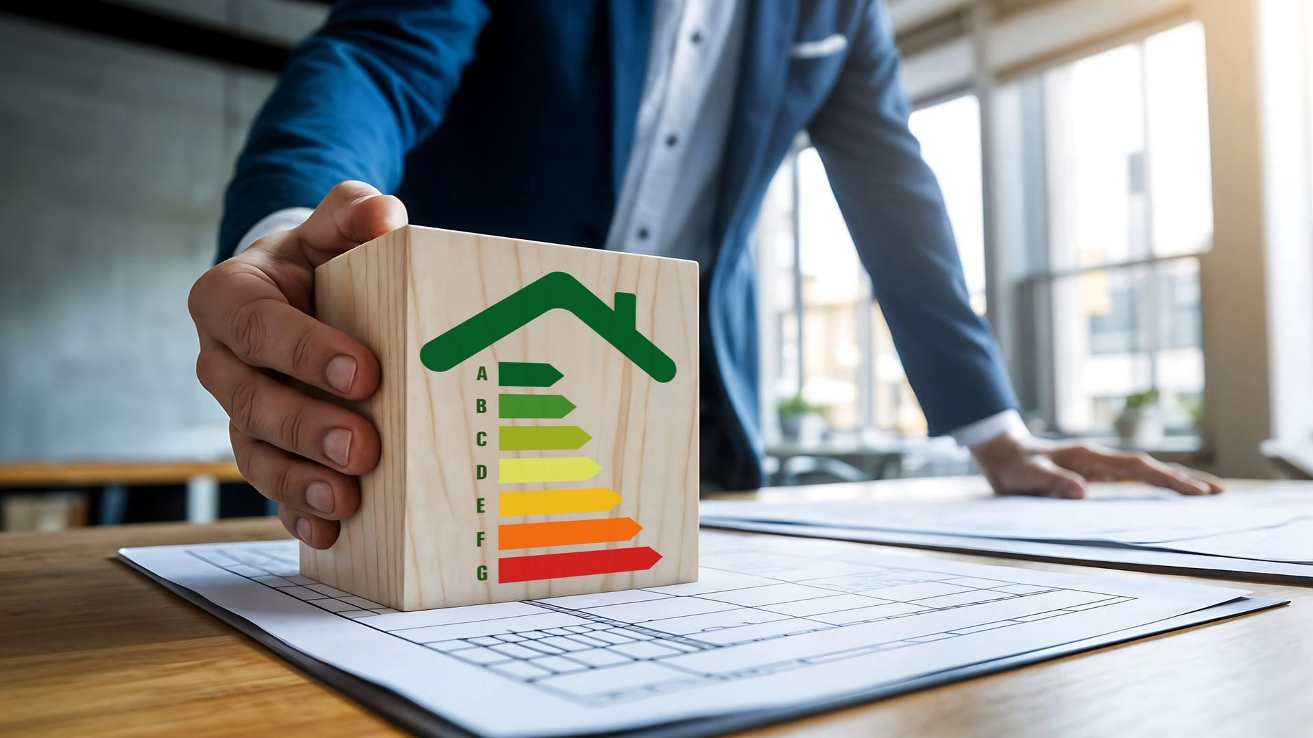 Un homme en costume tient un bloc portant une icône de maison et une cote d'efficacité énergétique, près de plans.
