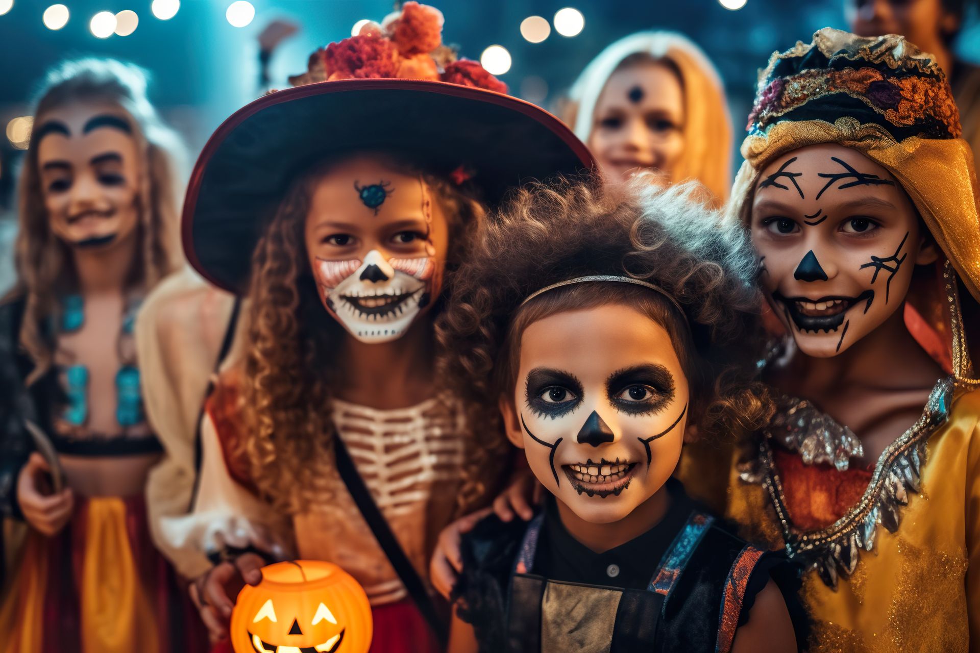 Groupe d'enfants maquillés en squelettes et habillés de costumes d'Halloween