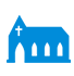 Una iglesia azul con una cruz en la parte superior.
