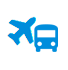 Un icono azul de un avión y un autobús sobre un fondo blanco.