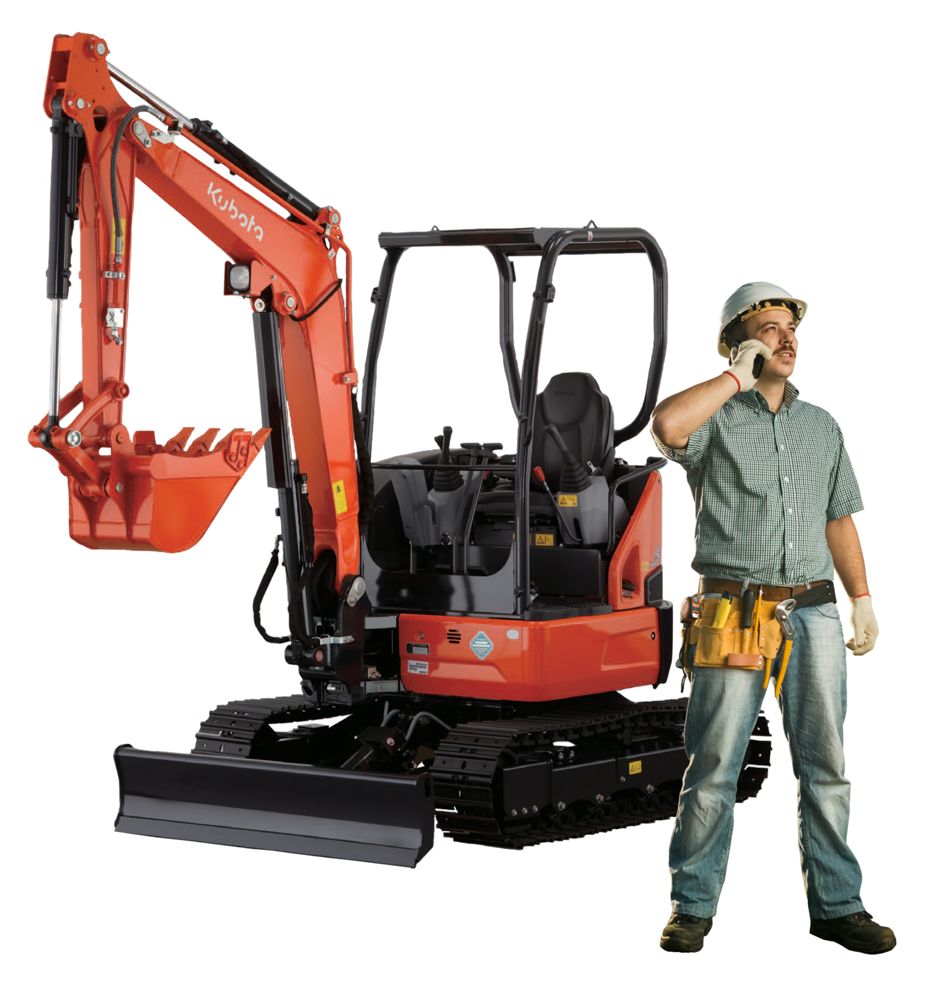 Un ouvrier au téléphone devant une minipelle