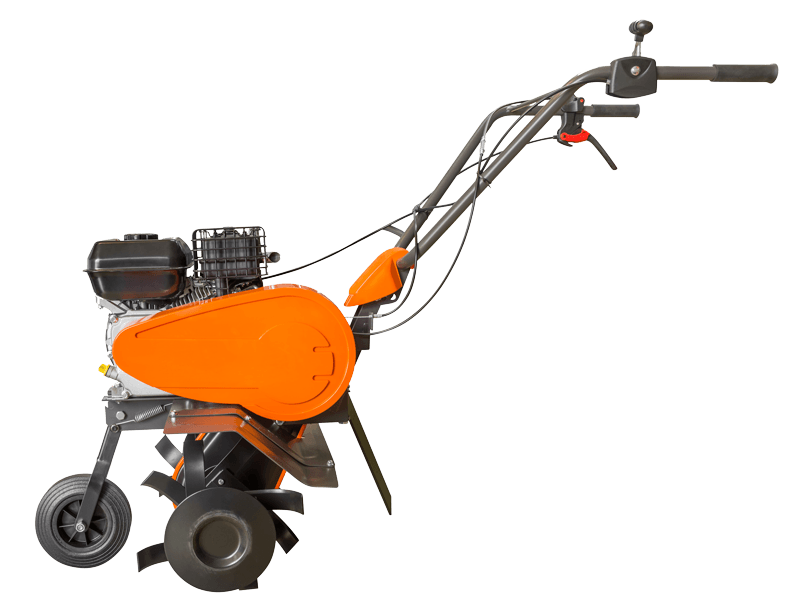 Motoculteur orange vu de profil